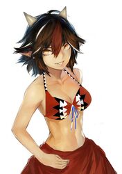  alternate_eye_color arrow_(symbol) bad_id bad_twitter_id bikini bikini_top_only black_hair breasts cleavage cone_horns female grey_horns horns kijin_seija kinketsu large_breasts multicolored_hair pointy_ears red_hair ribbon sarong simple_background slit_pupils solo streaked_hair swimsuit touhou upper_body white_background white_hair yellow_eyes 