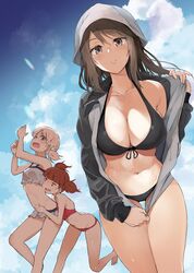  3girls aki_(girls_und_panzer) ass bare_shoulders barefoot bikini bikini_under_clothes black_bikini blonde_hair blue_headwear blush breasts brown_eyes brown_hair cleavage cloud collarbone commentary_request cowboy_shot day front-tie_top girls_und_panzer grey_eyes hat highres jacket jpeg_artifacts large_breasts lens_flare long_hair looking_at_viewer low_twintails md5_mismatch mika_(girls_und_panzer) mikko_(girls_und_panzer) multiple_girls muteki_soda navel open_clothes open_jacket open_mouth outdoors red_bikini red_eyes red_hair short_hair short_twintails sky small_breasts smile swimsuit thigh_gap torso_grab track_jacket tulip_hat twintails undressing unzipping wet white_bikini zipper zipper_pull_tab 