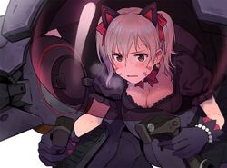  animal_ears bad_id bad_twitter_id black_cat_d.va black_gloves blush breasts breath brown_eyes cat_ears cleavage commentary_request d.va_(overwatch) earrings facial_mark fake_animal_ears female finger_on_trigger gloves grey_hair hair_ornament heart heart_earrings heavy_breathing jewelry large_breasts lino_chang oerba_yun_fang overwatch overwatch_1 parted_lips riding short_twintails solo sweat twintails 