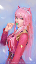  absurdres artist_name breasts buttons candy commentary darling_in_the_franxx double-breasted english_commentary eyeshadow female food from_side green_eyes hair_between_eyes hairband highres holding holding_candy holding_food holding_lollipop horns lollipop long_hair looking_at_viewer makeup mars_foong medium_breasts military military_uniform oni_horns pink_hair realistic red_horns solo straight_hair uniform white_hairband zero_two_(darling_in_the_franxx) 