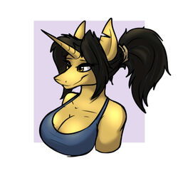  1:1 2016 accessory amber_eyes amber_steel anthro better_version_at_source black_hair breasts bust_portrait cleavage clothed clothing equid equine female hair hair_accessory hair_tie hi_res horn mammal mythological_creature mythological_equine mythology ponytail portrait solo tacticalfur unicorn 