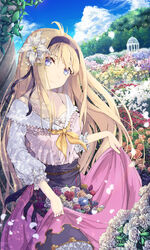  blonde_hair blue_eyes bra breasts cleavage cloud cloudy_sky coffee1223 collarbone commentary_request day dress female field flower flower_field frills granblue_fantasy hair_flower hair_ornament hairband highres jeanne_d&#039;arc_(granblue_fantasy) long_hair outdoors pink_dress sky smile underwear 