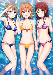  3girls adapted_costume afloat ahoge bikini blue_eyes blush braid breasts brown_eyes brown_hair commentary frilled_bikini frills front-tie_top girl_sandwich groin hair_ornament highres holding_hands long_hair looking_at_viewer love_live! love_live!_sunshine!! medium_breasts morerin multiple_girls navel open_mouth orange_hair partially_submerged photoshop_(medium) red_eyes red_hair sakurauchi_riko salute sandwiched shiny_skin short_hair small_breasts smile striped_bikini striped_clothes swimsuit takami_chika thigh_gap watanabe_you water yellow_eyes 