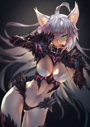  ahoge animal_ears ass_visible_through_thighs atalanta_(fate) atalanta_alter_(fate) azomo black_hair breasts cleavage_cutout clothing_cutout collar commentary_request cowboy_shot fate/grand_order fate_(series) female green_eyes highres long_hair looking_at_viewer medium_breasts multicolored_hair navel parted_lips photoshop_(medium) pink_hair sidelocks smile solo thighhighs two-tone_hair white_hair 