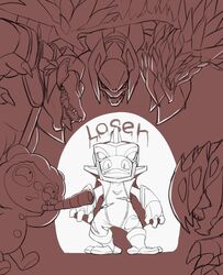  2016 anivia_(lol) armor bodily_fluids clothed clothing digital_drawing_(artwork) digital_media_(artwork) english_text fizz_(lol) group humiliation kog&#039;maw_(lol) league_of_legends manmosu_marimo monochrome open_mouth renekton riot_games shadow skarner standing tears teemo_(lol) teeth tencent text 