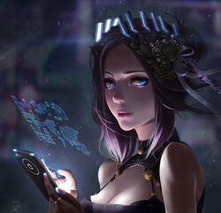  apple_inc. artist_name bare_shoulders blue_eyes breasts cellphone cleavage cleavage_cutout clothing_cutout commentary_request concept_art cyberpunk eyeliner female fingernails flower glowing hair_flower hair_ornament hair_ribbon highres holding holding_phone holographic_monitor large_breasts lipgloss lipstick long_fingernails looking_at_viewer looking_to_the_side makeup mars_foong mascara nail_polish original parted_lips phone pink_lips pink_nails purple_hair ribbon science_fiction screen_light short_hair sideways_glance sleeveless smartphone solo upper_body zipper 