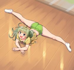  :d ahoge arm_support ass bare_legs blue_eyes blunt_bangs blush breasts cleavage commentary_request exercising female flexible flower from_above full_body green_hair green_shorts gym_shorts hair_flower hair_ornament hair_spread_out hairband idolmaster idolmaster_million_live! indoors kamille_(vcx68) legs long_hair looking_at_viewer looking_up lying midriff no_shoes on_floor on_stomach open_mouth shimabara_elena shirt short_sleeves shorts smile socks solo split spread_legs straddle_split teeth upper_teeth_only white_socks wooden_floor yellow_hairband yellow_shirt 