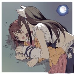  !? 2girls :d akni animal_ears blush brown_hair closed_eyes commentary_request detached_sleeves full_moon fur hair_intakes idolmaster idolmaster_cinderella_girls korean_commentary licking long_hair midriff moon multiple_girls open_mouth plaid plaid_skirt shibuya_rin shimamura_uzuki skirt smile vest werewolf wolf_ears yuri 