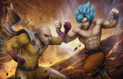  2boys abs angry bald battle belt blue_hair boots cape clenched_hands clenched_teeth commentary commission crack crossover deviantart_username dragon_ball duel energy english_commentary fire gloves ground_shatter lava manly multiple_boys muscular one-punch_man pectorals photoshop_(medium) pointy_hair realistic saitama_(one-punch_man) sam_delatore signature son_goku spiked_hair super_saiyan super_saiyan_blue superhero_costume teeth topless_male torn_clothes 