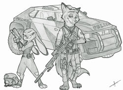  absurd_res anthro armor canid canine disney female fox greyscale gun handgun headgear helmet hi_res judy_hopps lagomorph leporid male mammal monochrome motor_vehicle nick_wilde pistol police police_vehicle rabbit ranged_weapon red_fox rifle silencer simple_background sniper_rifle suv true_fox vehicle weapon white_background ziegelzeig zootopia 