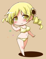  barefoot blonde_hair blush bra breasts chibi cleavage commentary_request covered_nipples drill_hair female full_body gerotan large_breasts looking_at_viewer mahou_shoujo_madoka_magica mahou_shoujo_madoka_magica_(anime) navel panties smile solo tomoe_mami twin_drills underwear underwear_only yellow_bra yellow_eyes yellow_panties 