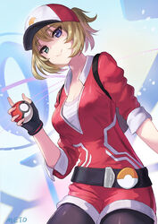  artist_name backpack bag baseball_cap belt black_pantyhose breasts brown_hair commentary_request cosplay female female_protagonist_(pokemon_go) female_protagonist_(pokemon_go)_(cosplay) fingerless_gloves gloves green_eyes hat heterochromia holding holding_poke_ball idolmaster idolmaster_cinderella_girls jumpsuit large_breasts meto31 mole mole_under_eye pantyhose photoshop_(medium) poke_ball poke_ball_(basic) pokemon pokemon_go pokestop short_hair signature smile solo takagaki_kaede 