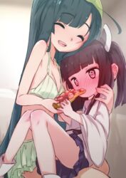  2girls @_@ ahoge bad_id bad_pixiv_id bikini blush brown_hair closed_eyes commentary ear_blush feeding food fruit green_hair incest light_blush long_hair multiple_girls siblings sisters strawberry swimsuit teeth touhoku_kiritan touhoku_zunko upper_teeth_only voiceroid yamadori_seika yuri 