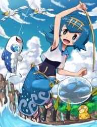  :d araquanid arm_up armpits baggy_pants bare_arms blue_eyes blue_hair blue_sky cloud cloudy_sky commentary_request covered_navel day dewpider feet female fishing_rod full_body hairband lana_(pokemon) one-piece_swimsuit open_mouth outdoors pants pokemoa pokemon pokemon_(creature) pokemon_sm psyduck ribbon-trimmed_pants ribbon_trim shirt short_hair sky sleeveless sleeveless_shirt slippers smile swimsuit swimsuit_under_clothes water wingull wishiwashi wishiwashi_(solo) 