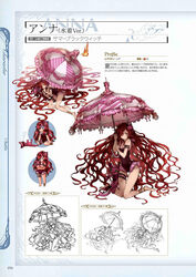  absurdly_long_hair anna_(granblue_fantasy) arm_garter barefoot bridal_garter candlelight character_name chibi chibi_inset female fire frills full_body granblue_fantasy hair_spread_out highres holding line_art long_hair looking_at_viewer lying minaba_hideo multiple_views official_art page_number photoshop_(medium) red_hair scan simple_background stuffed_animal stuffed_toy swimsuit translation_request umbrella very_long_hair 