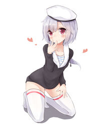  absurdres ass_visible_through_thighs blush commentary_request female heart hibiki_(warship_girls_r) highres kneeling panties pantyshot red_eyes short_hair siwi smile solo thighhighs thighs underwear verniy_(warship_girls_r) warship_girls_r white_background white_hair white_panties white_thighhighs 