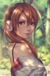  akame_ga_kill! bad_id bad_pixiv_id bare_shoulders bra_strap brown_hair candy chelsea_(akame_ga_kill!) closed_mouth commentary dappled_sunlight female food headphones highres lollipop long_hair looking_at_viewer looking_back miura-n315 mouth_hold plaid realistic red_eyes smile solo sunlight upper_body 