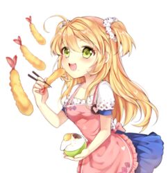  apron blonde_hair blush bowl collarbone commentary_request female food green_eyes holding holding_bowl holding_food long_hair looking_at_viewer open_mouth original pingo simple_background smile solo white_background 