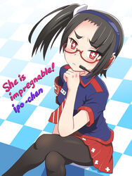  +_+ armband black_hair black_pantyhose blue_shirt blush checkered_floor commentary_request crossed_legs english_text female frown glasses hand_on_own_chin headphones internet_positif ipo-chan looking_at_viewer meow_(nekodenki) necktie pantyhose personification pleated_skirt plus_sign red_eyes red_skirt shirt side_ponytail sitting skirt solo striped symbol-shaped_pupils 