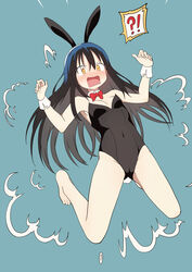  !? absurdres animal_ears aqua_background bare_legs bare_shoulders barefoot black_hair black_leotard blush blush_stickers bow bowtie breasts brown_hair bural_chingu cameltoe cleavage closed_eyes commentary covered_navel d: detached_collar fake_animal_ears female full_body hair_between_eyes highres ju_hyeon-mi korean_commentary leotard long_hair luke_(dydansgur) magician open_mouth playboy_bunny rabbit_ears rabbit_tail rectangular_mouth red_bow red_bowtie simple_background smile solo strapless strapless_leotard surprised tail wrist_cuffs yellow_eyes 