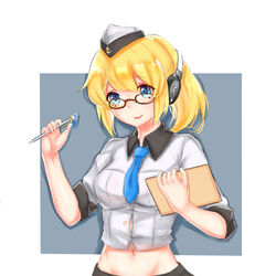  absurdres anchor_symbol blonde_hair blue_eyes clipboard commentary_request female glasses groin headphones highres ira_(warship_girls_r) midriff navel necktie pen ponytail r.r_(yohanee) sleeves_rolled_up smile solo warship_girls_r 