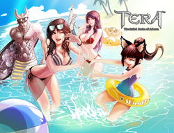  3boys 3girls aman animal_ears arm_up arms_up ball beach beachball bikini breasts brown_eyes brown_hair castanic cat_ears cleavage closed_eyes cloud colored_skin copyright_name day earrings elf elin eyewear_on_head goggles grey_hair grey_skin high_elf highres horns innertube jewelry large_breasts leaning_forward long_hair multiple_boys multiple_girls no_tail ocean one-piece_swimsuit one_eye_closed open_clothes open_mouth open_shirt outdoors palm_tree photoshop_(medium) pointy_ears ponytail popori school_swimsuit seon-ho shirt short_hair shorts side-tie_bikini_bottom sky smile splashing striped_bikini striped_clothes striped_shorts sunglasses surfboard swim_ring swimsuit tera_online topless tree wading water waving 