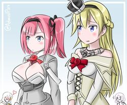  4girls admiral_paru ark_royal_(kancolle) ark_royal_(kancolle)_(cosplay) artist_name blue_eyes blunt_bangs blush bob_cut breasts cleavage commentary_request corset cosplay hairband hazuki_shizuku heart jacket kantai_collection long_sleeves look-alike mochizuki_momiji multiple_girls new_game! overskirt red_hair red_ribbon ribbon short_hair side_ponytail tiara tooyama_rin warspite_(kancolle) warspite_(kancolle)_(cosplay) yagami_kou 