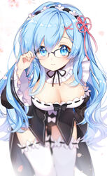  alternate_hair_length alternate_hairstyle bent_over bespectacled black_bow black_ribbon blue_eyes blue_hair blurry blush bow breasts cleavage commentary_request depth_of_field detached_sleeves female fingernails frilled_sleeves frilled_thighhighs frills glasses grey-framed_eyewear hair_between_eyes hair_ornament hair_ribbon hairband hairclip highres long_hair maid medium_breasts neck_ribbon no_pants over-rim_eyewear petals pingo pink_ribbon re:zero_kara_hajimeru_isekai_seikatsu rem_(re:zero) ribbon ribbon_trim roswaal_mansion_maid_uniform semi-rimless_eyewear shiny_skin smile solo standing thigh_gap thighhighs very_long_hair white_background white_bow white_thighhighs wide_sleeves x_hair_ornament 