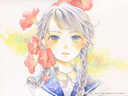  blue_eyes blue_sailor_collar braid commentary_request female flower green_eyes grey_hair leaf long_hair looking_at_viewer multicolored_eyes original painting_(medium) parted_lips plant portrait red_flower sailor_collar school_uniform serafuku shirt solo swept_bangs traditional_media trumpet_creeper twin_braids twintails watercolor_(medium) watermark web_address white_shirt yufushi 