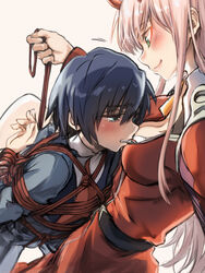  1boy assertive_female black_hair blue_eyes blush bondage bondage bound breasts commentary couple darling_in_the_franxx female femdom green_eyes hair_ornament hairband herozu_(xxhrd) hiro_(darling_in_the_franxx) horns long_hair long_sleeves medium_breasts military military_uniform necktie no_legwear oni_horns pink_hair red_horns red_necktie rope straight uniform white_hairband zero_two_(darling_in_the_franxx) 