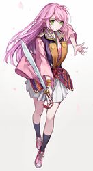  black_socks commentary_request female full_body green_eyes harukanaru_toki_no_naka_de harukanaru_toki_no_naka_de_3 holding holding_sword holding_weapon japanese_clothes kasuga_nozomi kataginu kimono kneehighs long_hair long_sleeves looking_at_viewer miniskirt pink_footwear pink_hair pink_kimono pleated_skirt red_ribbon ribbon shoes simple_background skirt sneakers socks solo standing sword toma_(norishio) very_long_hair weapon white_background white_skirt wide_sleeves 