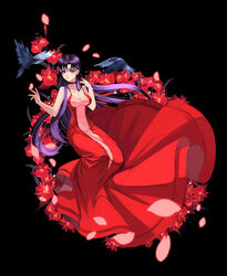  bird bishoujo_senshi_sailor_moon black_background black_hair breasts cleavage commentary deimos_(sailor_moon) douyougen dress female flower full_body hino_rei long_hair looking_at_viewer medium_breasts petals phobos_(sailor_moon) photoshop_(medium) princess_mars purple_eyes red_theme sleeveless sleeveless_dress solo 