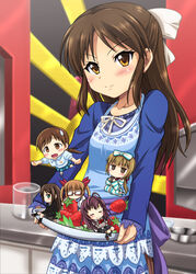  6+girls apron blurry bow brown_hair commentary_request depth_of_field hairbow hidaka_toworu ichinose_shiki idolmaster idolmaster_cinderella_girls ikebukuro_akiha long_hair looking_at_viewer mini_person minigirl multiple_girls nitta_minami photoshop_(medium) shibuya_rin smile sweatdrop tachibana_arisu twintails yorita_yoshino 