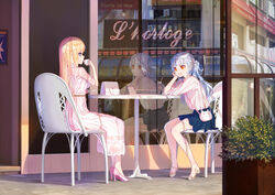  2girls alternate_costume artistic_error awning bad_id bad_pixiv_id bad_reflection bag bare_legs blonde_hair blouse blue_eyes blue_hair blue_skirt braid chair city coffee commentary_request contemporary crown_braid cup dress drinking drinking_glass french_braid from_side hair_ornament handbag head_rest high_heels highres holding holding_cup hoshi_o_mite le_fantasque_(warship_girls_r) long_dress long_hair looking_at_another multiple_girls no_socks open_mouth orange_eyes outdoors pink_footwear plant planter plate potted_plant pumps reflection richelieu_(warship_girls_r) saucer shadow shirt shoes shoulder_bag sitting skirt storefront sunlight table talking teacup themed_object warship_girls_r white_dress white_shirt window 