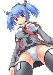  :/ ass_visible_through_thighs blue_hair breasts commentary_request female from_below glaring groin_tendon highres large_breasts panties prinz_eugen_(warship_girls_r) red_eyes rigging solo srwsrx_(gp03dsrx) thighhighs thighs twintails underwear v-shaped_eyebrows warship_girls_r white_background white_panties 