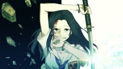  black_hair blood bracelet brown_eyes coppelion female glint grin irae_creation jewelry katana long_hair looking_at_viewer necktie ozu_shion pale_skin radiation_symbol self-harm_scar shirt short_sleeves smile solo sword weapon white_shirt wrist_cutting 