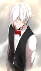  1boy blue_eyes bow commentary_request death_parade decim_(death_parade) formal hair_over_one_eye isshiki_(ffmania7) male_focus red_bow solo suit upper_body white_hair 