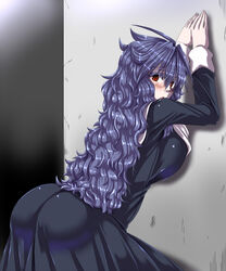  :o against_wall ahoge ass bent_over black_dress blue_hair blush breasts commentary_request dress female kuon_yashiro large_breasts long_hair long_sleeves looking_at_viewer messy_hair nun original red_eyes solo 