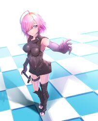  ahoge armored_leotard black_leotard breasts breasts_apart checkered_floor commentary elbow_gloves fate/grand_order fate_(series) female full_body gloves hand_on_hilt highres kinpun_(fgxdw447) leotard looking_at_viewer mash_kyrielight outstretched_arm pink_hair purple_eyes purple_gloves short_hair solo standing swept_bangs sword weapon 