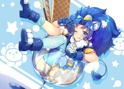  ;q animal_ears blue_background blue_eyes blue_footwear blue_gloves blue_hair blue_shirt blue_theme blue_thighhighs blush commentary_request cookie crown cure_gelato earrings extra_ears female food glass gloves gold_crown ice_cream in_container jewelry kirakira_precure_a_la_mode lion_ears lion_girl lion_tail long_hair looking_at_viewer magical_girl md5_mismatch mini_crown one_eye_closed parted_bangs pointed_crown precure satou_(kuso-neet) shirt shoes single_thighhigh skirt smile solo tail tategami_aoi thighhighs tongue tongue_out white_skirt 