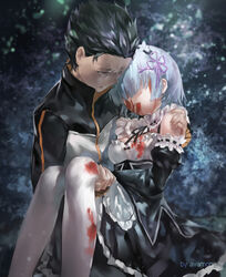  1boy azomo black_hair blood blood_on_clothes blood_on_face blue_hair carrying commentary detached_sleeves female hair_over_eyes hair_ribbon highres jacket lace-trimmed_sleeves lace_trim maid natsuki_subaru photoshop_(medium) princess_carry purple_ribbon re:zero_kara_hajimeru_isekai_seikatsu rem_(re:zero) ribbon roswaal_mansion_maid_uniform short_hair spiked_hair track_jacket white_legwear 