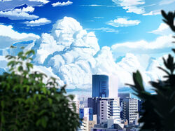  blue_sky blurry blurry_foreground building city cloud cloudy_sky commentary day hankachi_(okayama012) highres kobe leaf no_humans original outdoors photoshop_(medium) plant real_world_location scenery sky skyscraper summer 