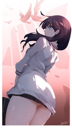  absurdres artist_name ass back bird black_hair black_skirt blue_eyes blush commentary dated female from_behind gridman_universe highres johnson_zhuang long_hair long_sleeves looking_at_viewer looking_back miniskirt photoshop_(medium) pleated_skirt profile school_uniform scrunchie skirt smile solo ssss.gridman standing takarada_rikka thighs v_arms 