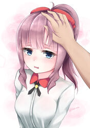  artist_name blue_eyes blush breasts commentary_request disembodied_hand female hair_ribbon headpat highres large_breasts looking_at_viewer new_game! parted_lips purple_hair red_ribbon ribbon rokuuso takimoto_hifumi twitter_username upper_body wavy_mouth 