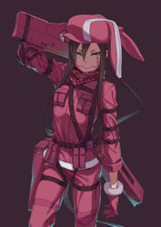  &gt;:) animal_ears animal_hat arm_up brown_background brown_hair bullpup closed_mouth commentary_request cosplay facial_mark female fur-trimmed_gloves fur-trimmed_jacket fur_trim gloves grey_eyes gun hair_between_eyes hat highres holding holding_gun holding_weapon jacket llenn_(sao) llenn_(sao)_(cosplay) long_hair looking_at_viewer p-chan_(p90) p90 pants pink_gloves pink_hat pink_jacket pink_pants pink_weapon pitohui_(sao) rabbit_ears rabbit_hat simple_background smile solo submachine_gun sword_art_online sword_art_online_alternative:_gun_gale_online tuchinokoeffect v-shaped_eyebrows very_long_hair weapon 