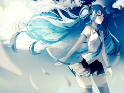  bad_id bad_pixiv_id bare_arms bare_shoulders black_skirt blue_hair blue_necktie blue_sky calc._(vocaloid) closed_eyes cloud collared_shirt day female green_night grey_thighhighs hatsune_miku legs_apart long_hair miniskirt necktie pleated_skirt shirt skirt sky sleeveless sleeveless_shirt solo thighhighs thighs twintails very_long_hair vocaloid white_shirt zettai_ryouiki 