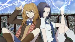  2girls bad_id bad_link bad_twitter_id black_hair blue_eyes blue_skirt boots bow bowtie brown_eyes brown_hair cityscape coat coppelion electricity grin indian_style irae_creation long_hair looking_at_viewer loose_socks miniskirt multiple_girls necktie outdoors ozu_kanon ozu_shion pale_skin plaid plaid_scarf railing ruins rust scarf shirt short_sleeves siblings sisters sitting skirt sky smile socks white_shirt 