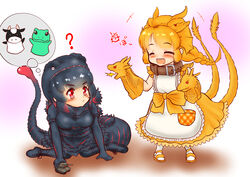  +++ 2girls :/ :d ? ^_^ animal_collar apron arm_support black_hair blush bow braid chibi closed_eyes closed_mouth collar commentary dress frills full_body gloves godzilla godzilla_(series) hair_ornament hairband hakumaiya hand_puppet highres kemono_friends king_ghidorah long_dress long_hair looking_at_another medium_hair multicolored_hair multiple_girls multiple_tails open_mouth orange_hair parted_bangs personification pocket puppet red_eyes red_hair shin_godzilla short_sleeves sidelocks single_braid sitting smile standing tail thought_bubble toy toy_tank two-tone_hair two_tails wariza 