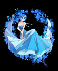  bishoujo_senshi_sailor_moon black_background blue_choker blue_eyes blue_hair blue_theme breasts choker cleavage commentary douyougen dress female flower lipstick looking_at_viewer makeup medium_breasts mizuno_ami petals photoshop_(medium) princess_mercury short_hair sleeveless sleeveless_dress solo 