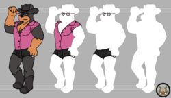  2017 absurd_res anthro biceps biped black_nails bob_miller_(vrart1) boots bottomwear bulge canid canine claws clothed clothing colored_nails cowboy_boots cowboy_hat crossdressing digital_media_(artwork) dress_shirt eyewear facial_hair footwear fur glasses grin hat headgear headwear heart_glasses heart_symbol hi_res hotpants looking_at_viewer male mammal mostly_nude multicolored_body multicolored_fur muscular muscular_anthro muscular_male nails naughty_face pecs shirt shoes shorts simple_background smile smirk solo sunglasses thick_thighs topwear two_tone_body two_tone_fur vrart1 